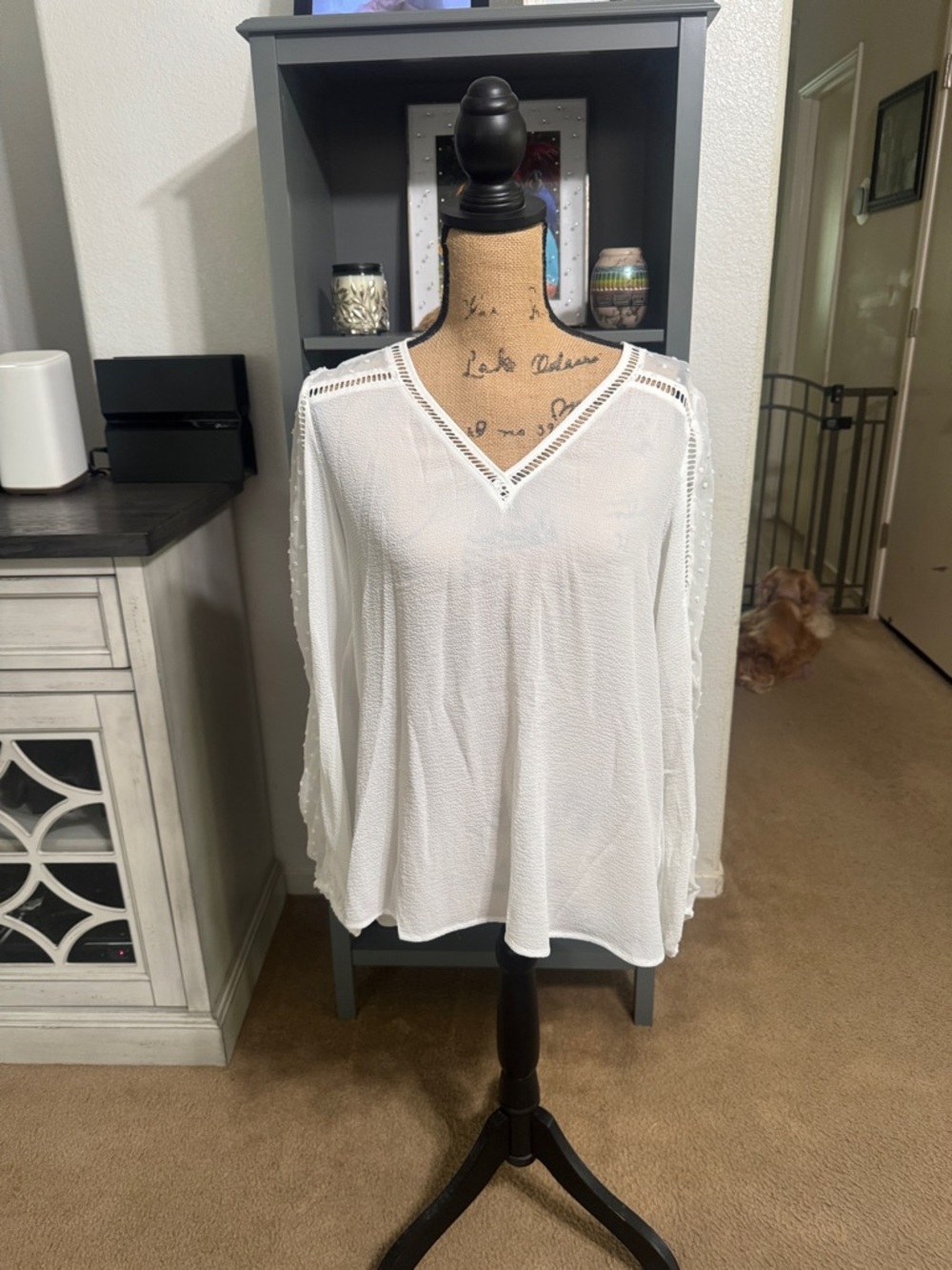 Express White V-Neck Long Sleeve Crochet-Trim Top size M